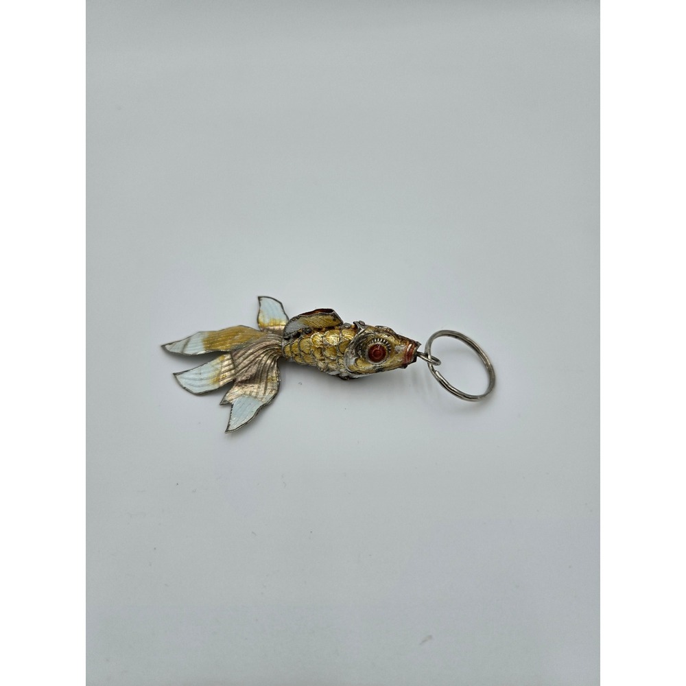 Vintage Articulated Goldfish Keychain Enamel Moving‎ Koi Fish Gold White Charm